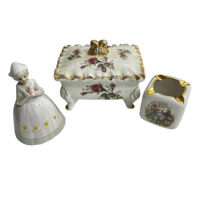 Sale Photo Thumbnail #280: Lot of 3 Vintage Ceramic Pieces- lady is a bell, container with lid, and ashtray