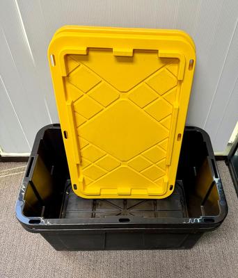 Sale Photo Thumbnail #134: Black and yellow heavy duty stackable 27 gallon storage bins by Greenmade. Very clean, near-new condition.