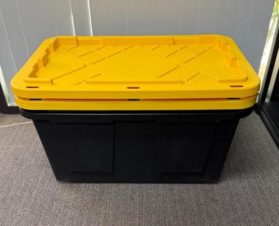 Sale Photo Thumbnail #141: Black and yellow heavy duty stackable 27 gallon storage bins by Greenmade. Very clean, near-new condition.