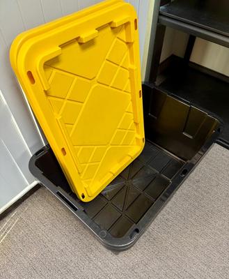 Sale Photo Thumbnail #149: Black and yellow heavy duty stackable 27 gallon storage bins by Greenmade. Very clean, near-new condition.