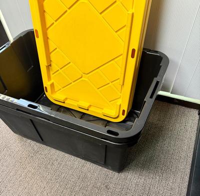 Sale Photo Thumbnail #148: Black and yellow heavy duty stackable 27 gallon storage bins by Greenmade. Very clean, near-new condition.