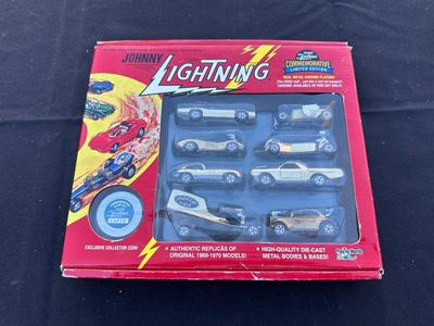 JOHNNY LIGHTNING COMMEMORATIVE LIMITED EDITION 8-CAR SET WITH REAL METAL CHROME PLATING