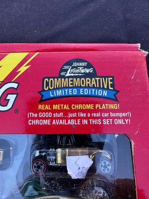 JOHNNY LIGHTNING COMMEMORATIVE LIMITED EDITION 8-CAR SET WITH REAL METAL CHROME PLATING