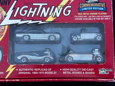 JOHNNY LIGHTNING COMMEMORATIVE LIMITED EDITION 4-CAR SET WITH REAL METAL CHROME PLATING