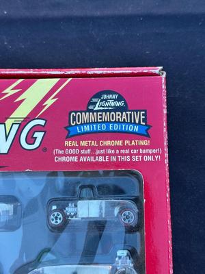 JOHNNY LIGHTNING COMMEMORATIVE LIMITED EDITION 4-CAR SET WITH REAL METAL CHROME PLATING