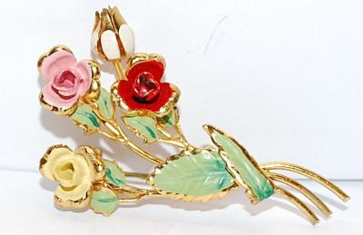 Enamel Red, White, Pink & Yellow Flowers BROOCH (2¼" x 1½") with Green Leaves on a Gold Tone Setting