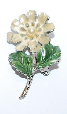 Beige FLOWER BROOCH (2" x 1") with Center Faux Pearl and Green Leaves on a Silver Tone Setting