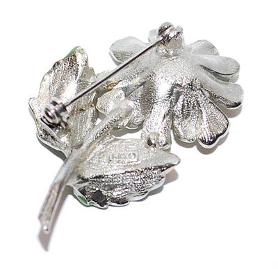 Beige FLOWER BROOCH (2" x 1") with Center Faux Pearl and Green Leaves on a Silver Tone Setting