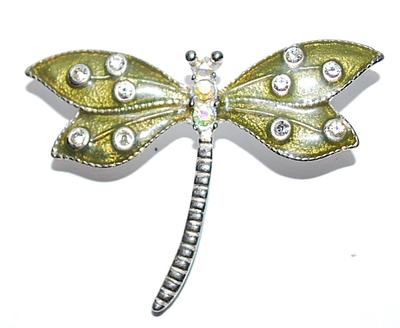 Enameled GREEN DRAGONFLY BROOCH (2" x 1½") with 12 Accent Stones on a Silver Tone Setting