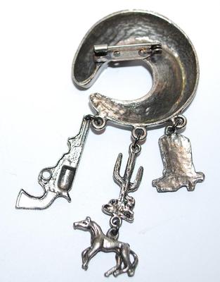 Silver Colored COWBOY HORSESHOE BROOCH (3" x 1½") with Boot, Cactus, Pistol & Horse Accent Dangles on a Silver Tone Setting