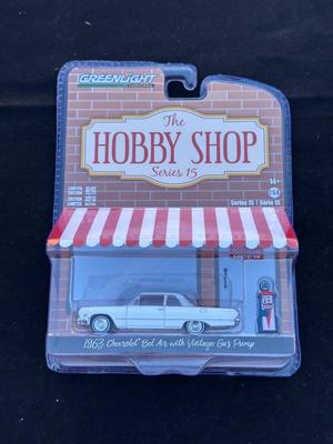 GREENLIGHT COLLECTIBLES “THE HOBBY SHOP” SERIES 15 LIMITED EDITION 1963 CHEVROLET BEL AIR WITH VINTAGE GAS PUMP