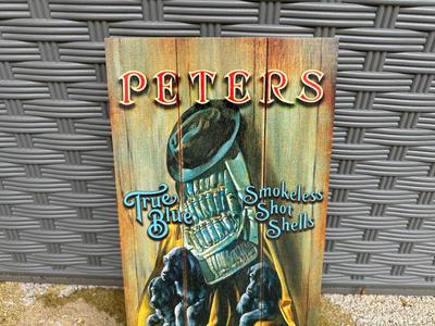 REMINGTON “PETERS TRUE BLUE PUPPIES” WOOD SIGN