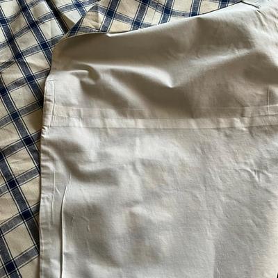 M448 Vintage Blue & White Gingham Linen Tablecloth With Extra Fabric