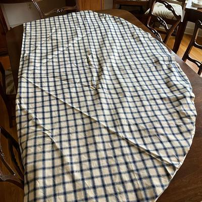 M448 Vintage Blue & White Gingham Linen Tablecloth With Extra Fabric