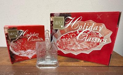 Sale Photo Thumbnail #287: 6” footed bowl and 11.75” platter, and glass Victorian tea light holder. All in good condition.