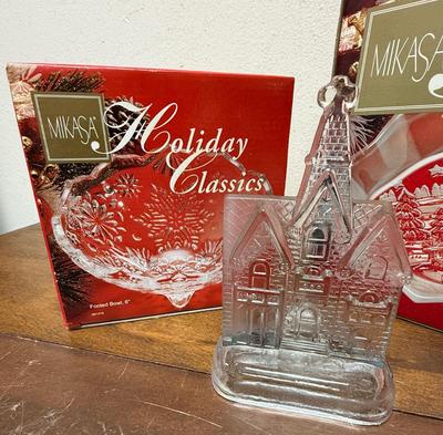 Sale Photo Thumbnail #288: 6” footed bowl and 11.75” platter, and glass Victorian tea light holder. All in good condition.
