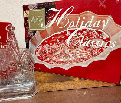 Sale Photo Thumbnail #289: 6” footed bowl and 11.75” platter, and glass Victorian tea light holder. All in good condition.