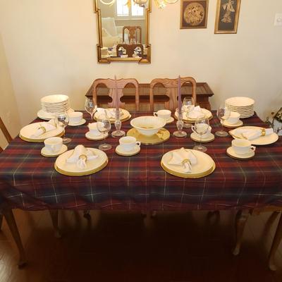 LOT 109: Dinnerware Sets-Waterford, Ironstone China, Candlesticks, Tablecloth, Chargers & More