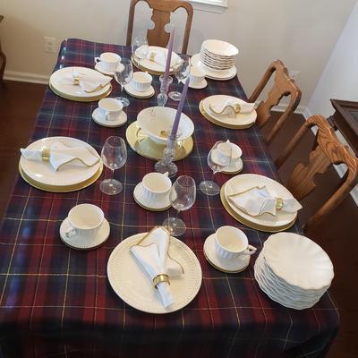 LOT 109: Dinnerware Sets-Waterford, Ironstone China, Candlesticks, Tablecloth, Chargers & More