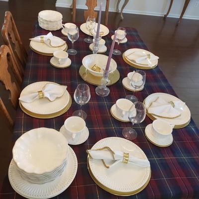 LOT 109: Dinnerware Sets-Waterford, Ironstone China, Candlesticks, Tablecloth, Chargers & More
