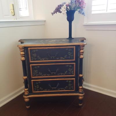 LOT 112: Black & Gold Chest of Drawers with Hand Painted Floral Design