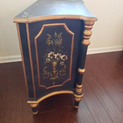 LOT 112: Black & Gold Chest of Drawers with Hand Painted Floral Design