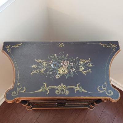 LOT 112: Black & Gold Chest of Drawers with Hand Painted Floral Design