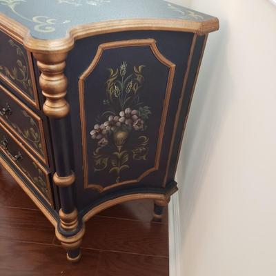 LOT 112: Black & Gold Chest of Drawers with Hand Painted Floral Design