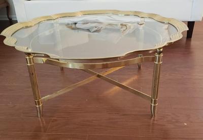 LOT 115: Glass Top Scalloped Edge Brass Table