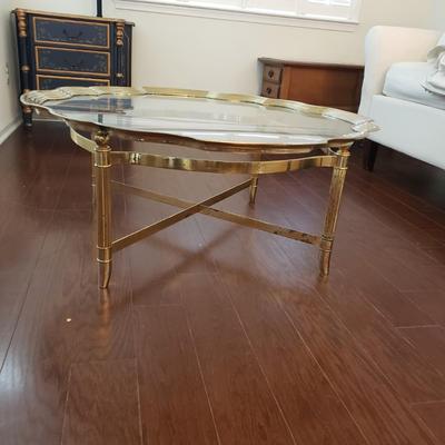 LOT 115: Glass Top Scalloped Edge Brass Table