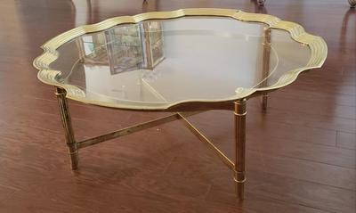 LOT 115: Glass Top Scalloped Edge Brass Table