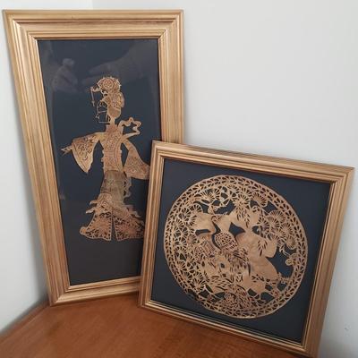 LOT 118: Brass Wall Sconce Pair, Brass Chinese Character & Pair of Papercut Art