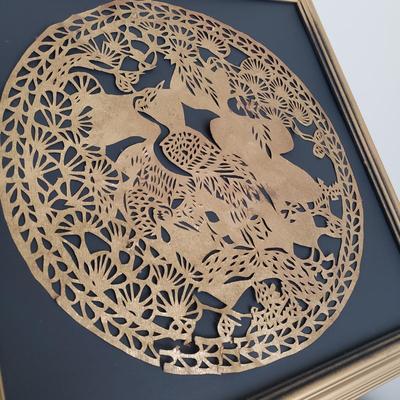 LOT 118: Brass Wall Sconce Pair, Brass Chinese Character & Pair of Papercut Art