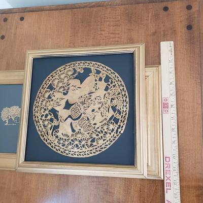 LOT 118: Brass Wall Sconce Pair, Brass Chinese Character & Pair of Papercut Art