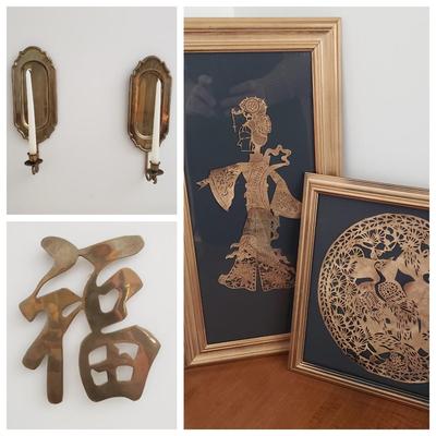 LOT 118: Brass Wall Sconce Pair, Brass Chinese Character & Pair of Papercut Art