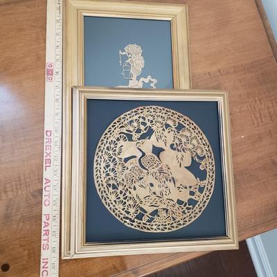 LOT 118: Brass Wall Sconce Pair, Brass Chinese Character & Pair of Papercut Art