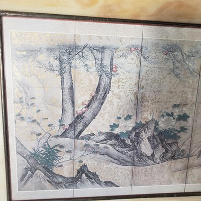 LOT 127: Stained Glass Framed "Quails in an Autumn Landscape" Lithograph Panel Kano Sanraku