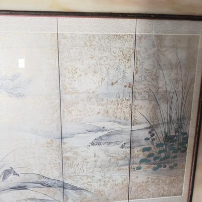 LOT 127: Stained Glass Framed "Quails in an Autumn Landscape" Lithograph Panel Kano Sanraku