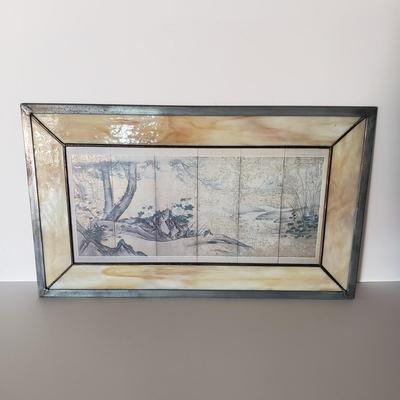 LOT 127: Stained Glass Framed "Quails in an Autumn Landscape" Lithograph Panel Kano Sanraku