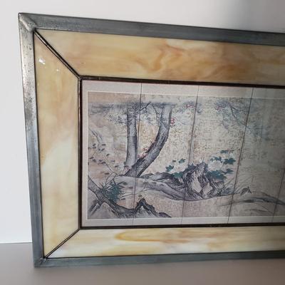 LOT 127: Stained Glass Framed "Quails in an Autumn Landscape" Lithograph Panel Kano Sanraku