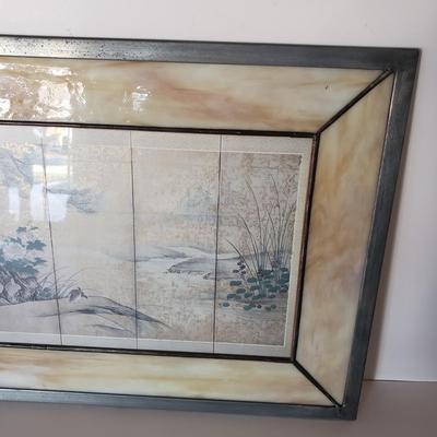 LOT 127: Stained Glass Framed "Quails in an Autumn Landscape" Lithograph Panel Kano Sanraku