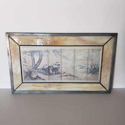 LOT 127: Stained Glass Framed "Quails in an Autumn Landscape" Lithograph Panel Kano Sanraku