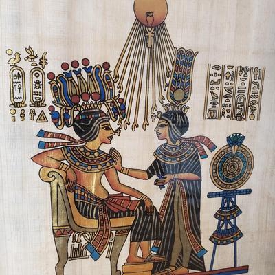 LOT 132: Egyptian Papyrus Art with Framed Collection of Souvenir Tickets from Egypt