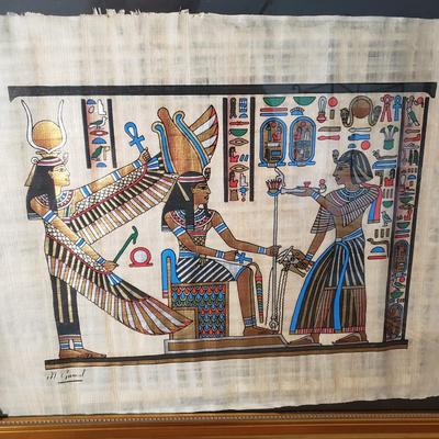 LOT 132: Egyptian Papyrus Art with Framed Collection of Souvenir Tickets from Egypt