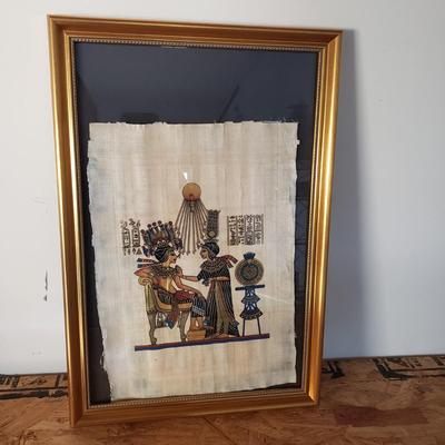 LOT 132: Egyptian Papyrus Art with Framed Collection of Souvenir Tickets from Egypt