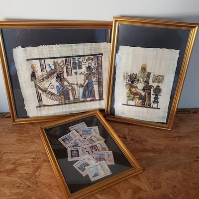 LOT 132: Egyptian Papyrus Art with Framed Collection of Souvenir Tickets from Egypt