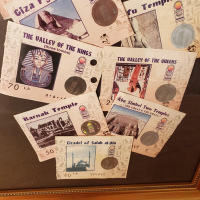 LOT 132: Egyptian Papyrus Art with Framed Collection of Souvenir Tickets from Egypt