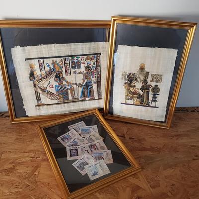 LOT 132: Egyptian Papyrus Art with Framed Collection of Souvenir Tickets from Egypt