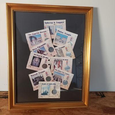 LOT 132: Egyptian Papyrus Art with Framed Collection of Souvenir Tickets from Egypt