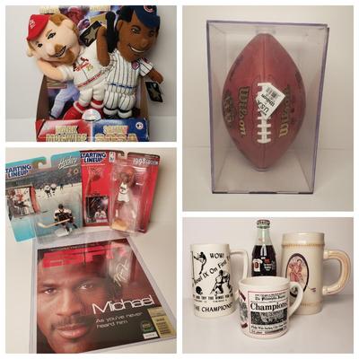 LOT 196: Philadelphia Sports Memorabilia with NFL Super Bowl Football, Mugs, Action Figures & More